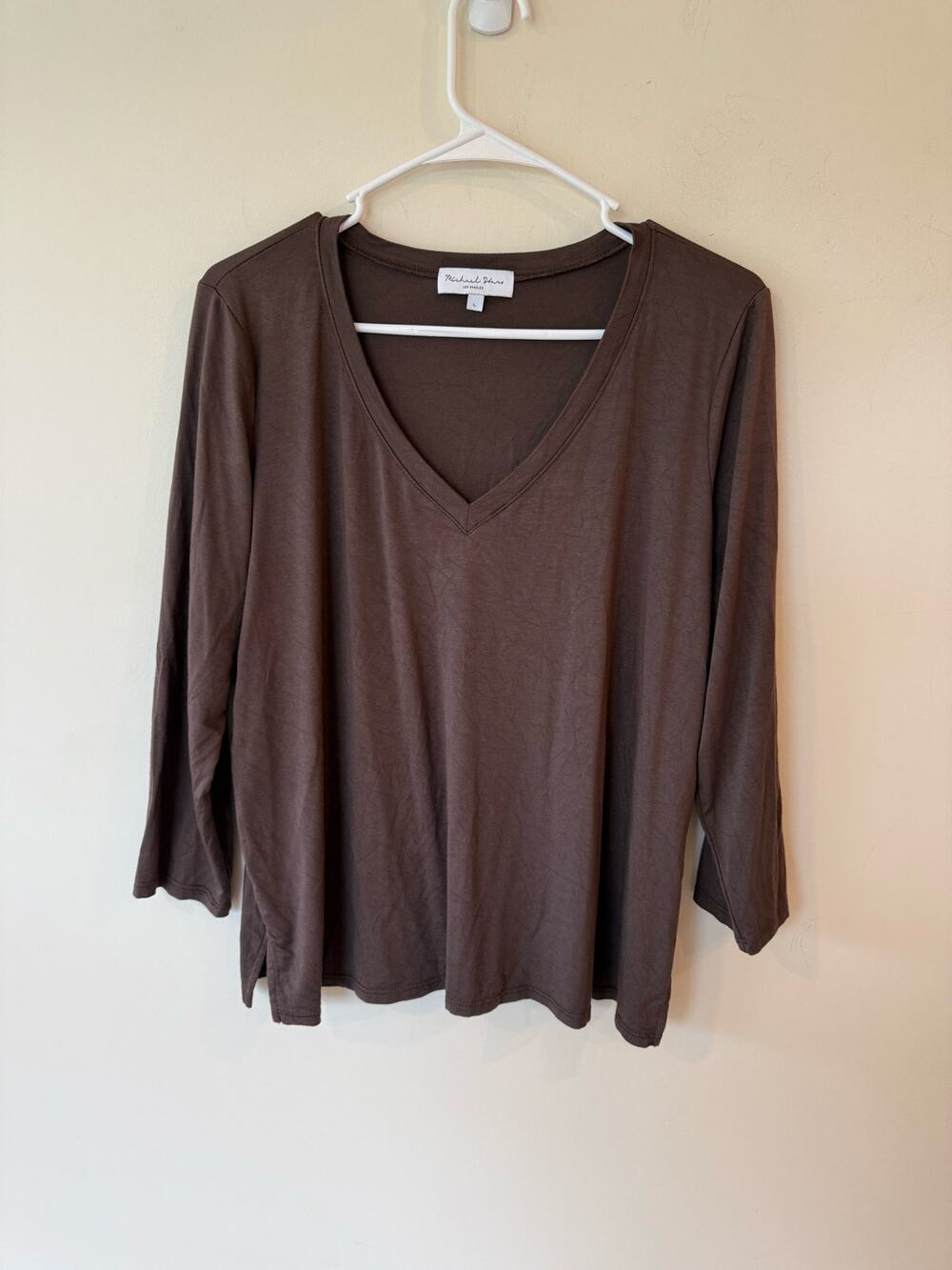Michael Stars Blouse Tops Large Brown Long Sleeves V-Neck Pullover Classic